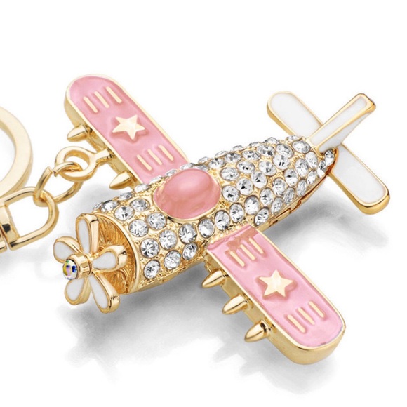 Accessories - Whimsical Pink & Gold Crystal Airplane Keychain Charm